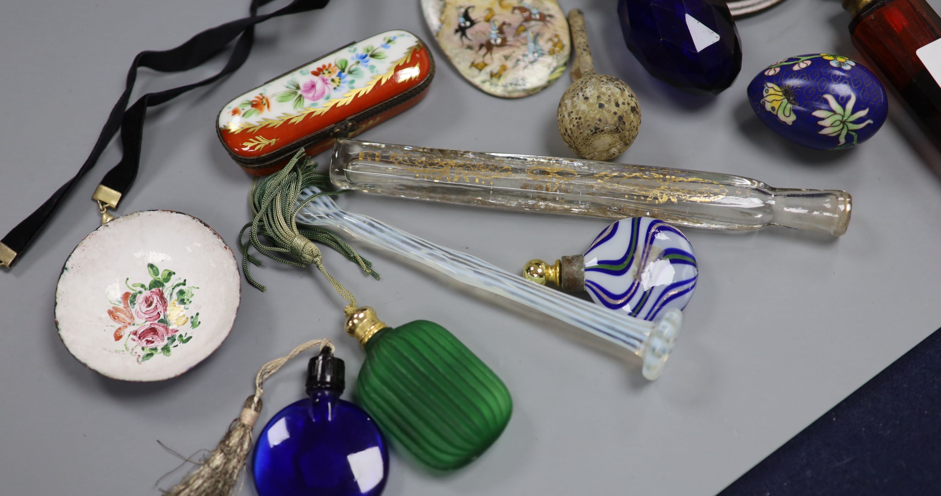 A collection of scent bottles, a miniature antiquity vessel and a miniature of a lady